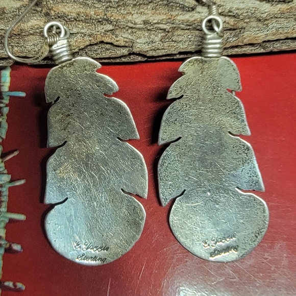 Sterling Silver Feather and Turquoise Earrings - Picture 4 of 6